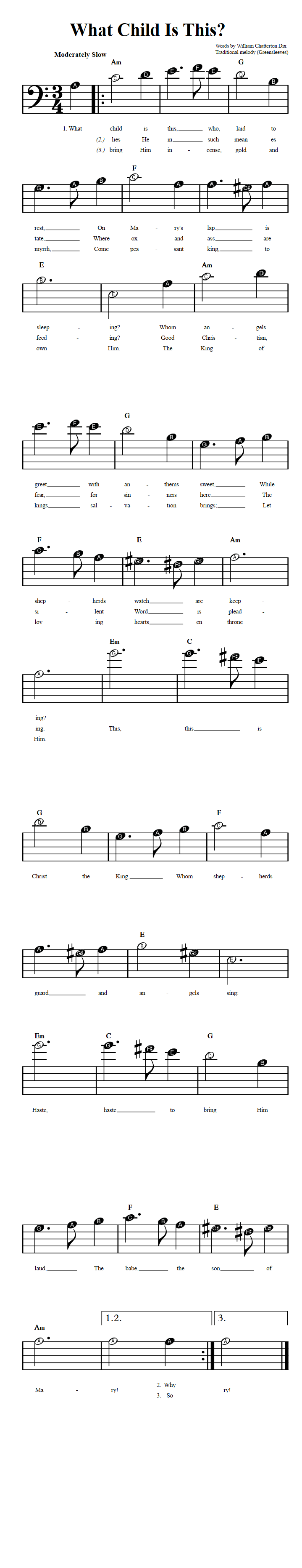 What Child Is This?  Beginner Bass Clef Sheet Music