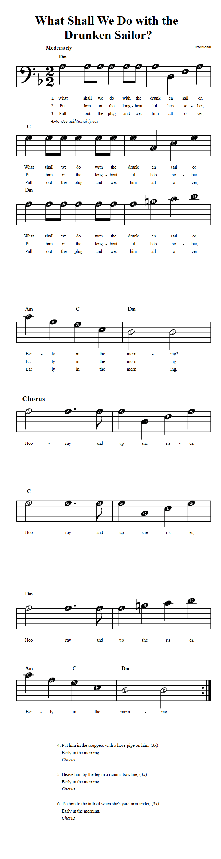 What Shall We Do with the Drunken Sailor?  Beginner Bass Clef Sheet Music
