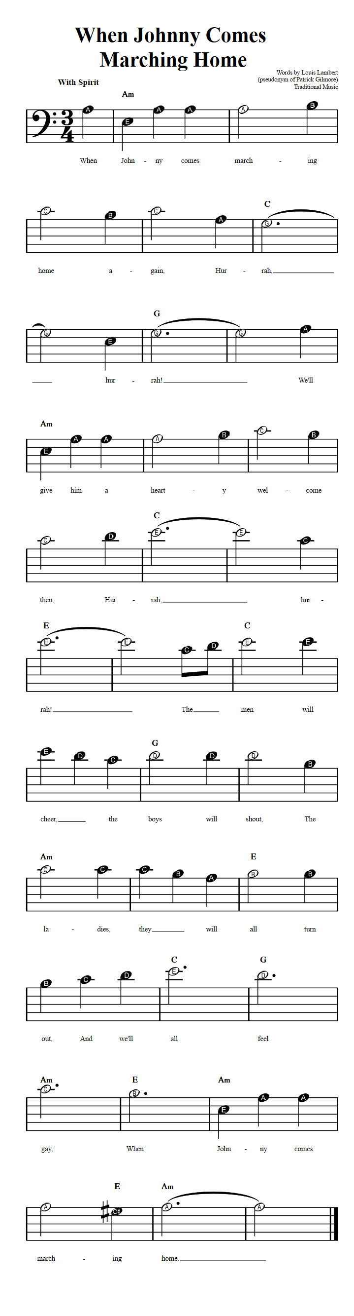 When Johnny Comes Marching Home  Beginner Bass Clef Sheet Music