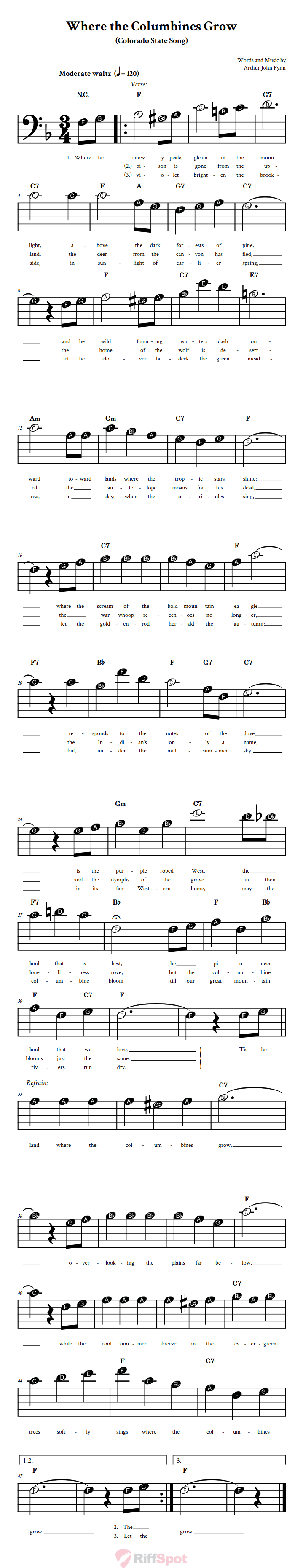 Where the Columbines Grow Beginner Bass Clef Sheet Music With Letters for Note Names