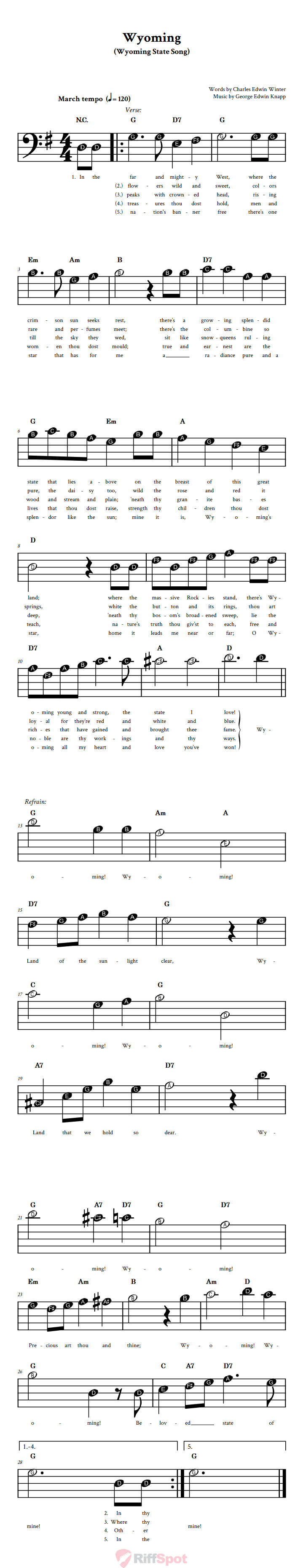Wyoming Beginner Bass Clef Sheet Music With Letters for Note Names