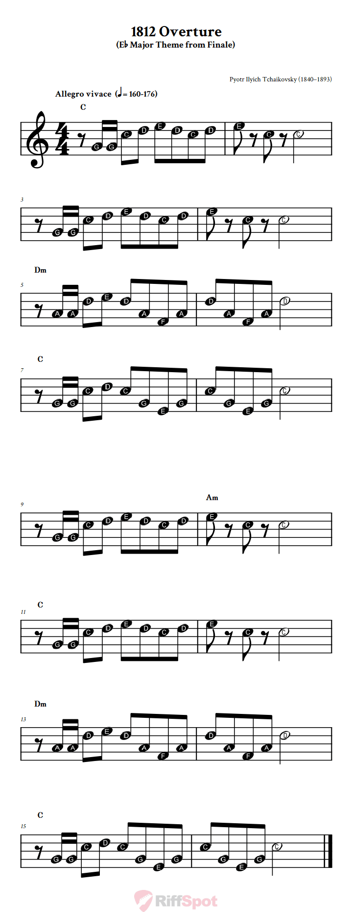 1812 Overture Beginner Treble Clef Sheet Music With Letters for Note Names