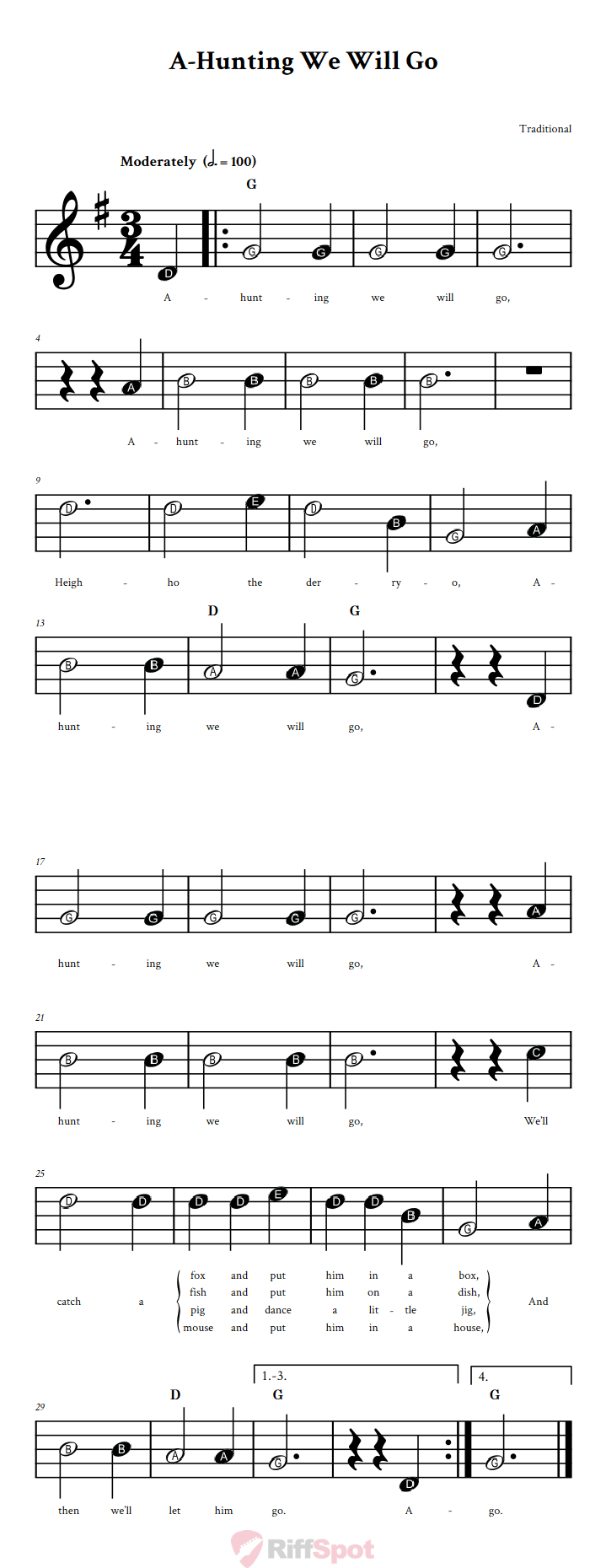 A-Hunting We Will Go Beginner Sheet Music With Letters for Note Names
