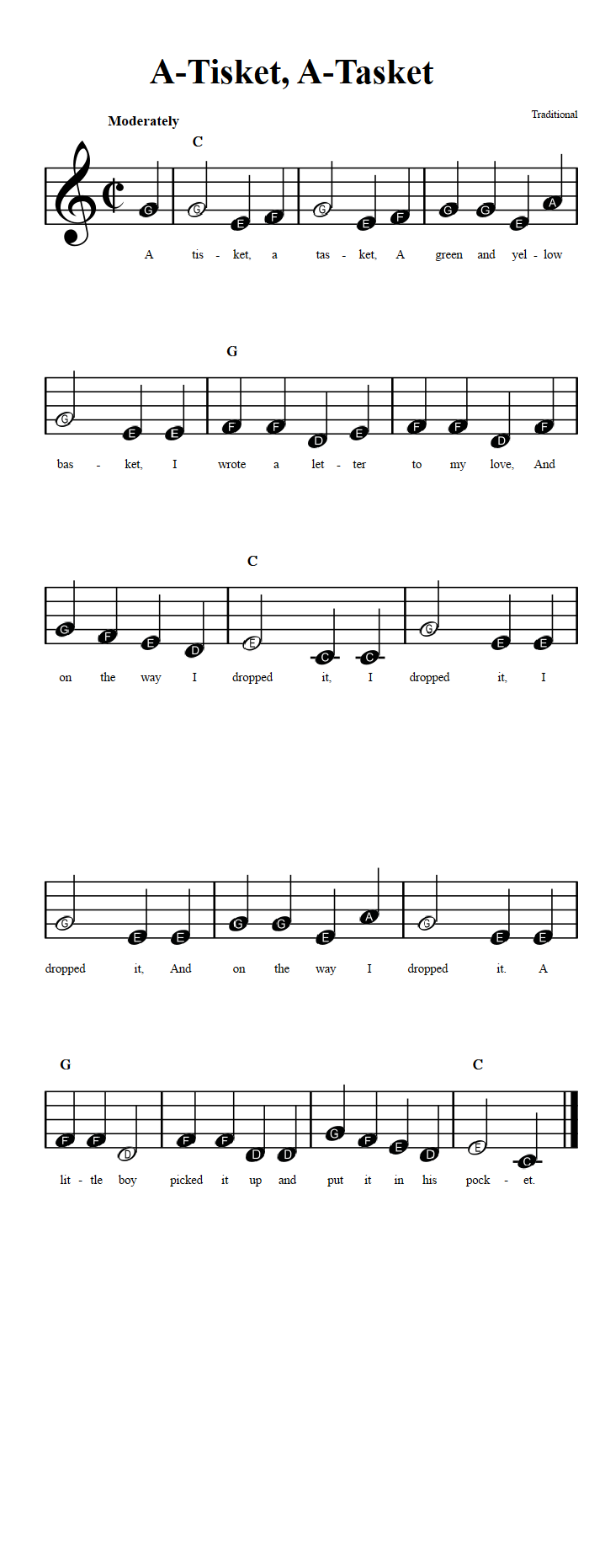 A Tisket A Tasket Beginner Sheet Music With Chords And Lyrics