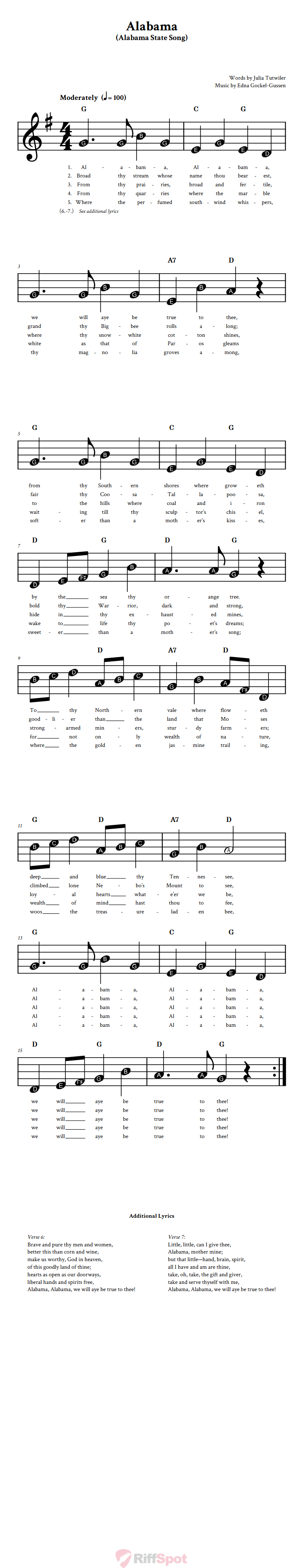 Alabama Beginner Treble Clef Sheet Music With Letters for Note Names