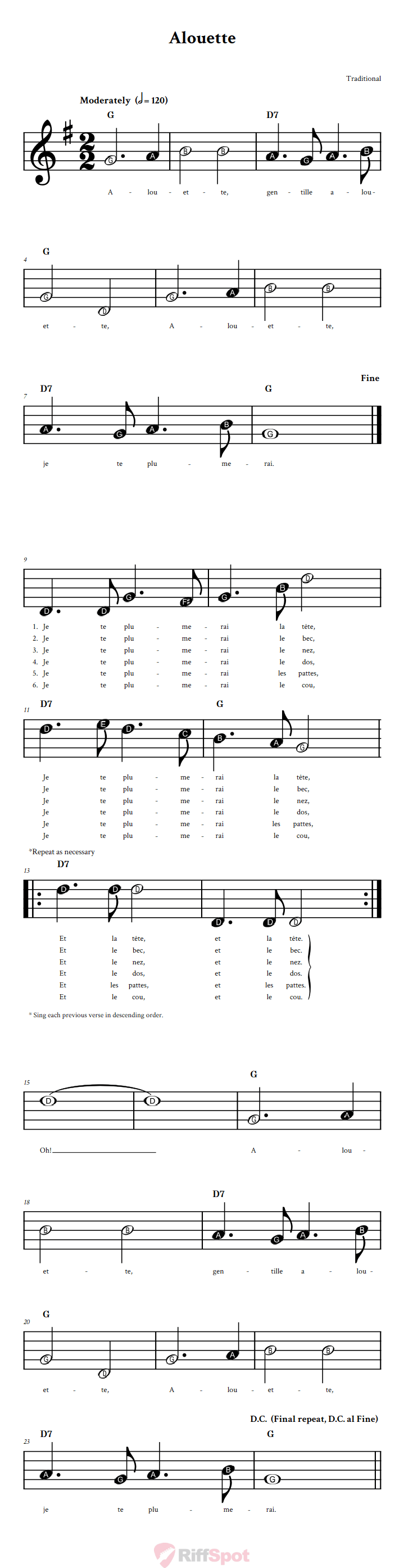 Alouette Beginner Sheet Music With Letters for Note Names