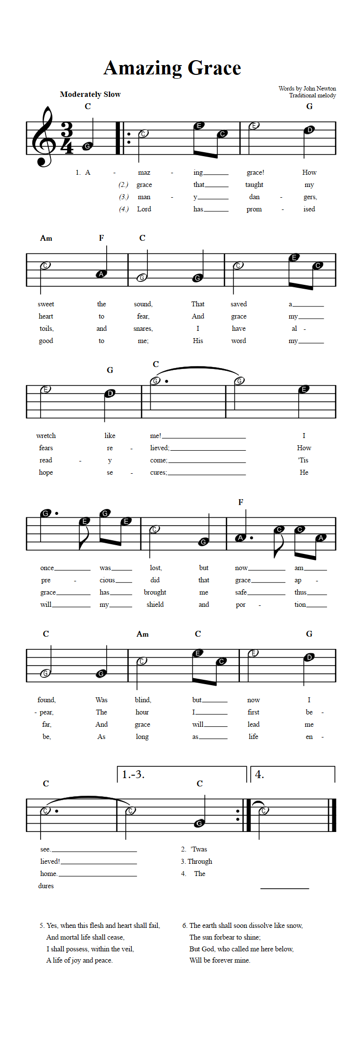 Amazing Grace: Beginner Sheet Music with Chords and Lyrics