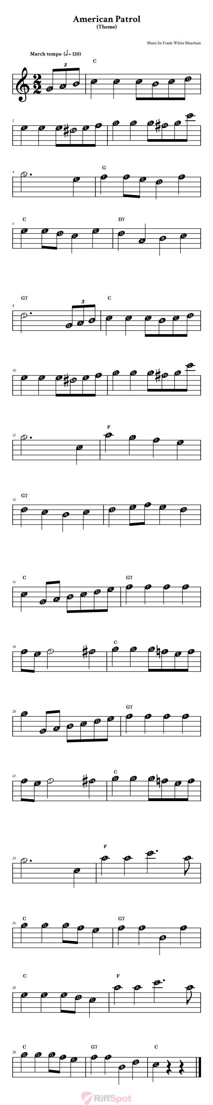 American Patrol Beginner Treble Clef Sheet Music With Letters for Note Names