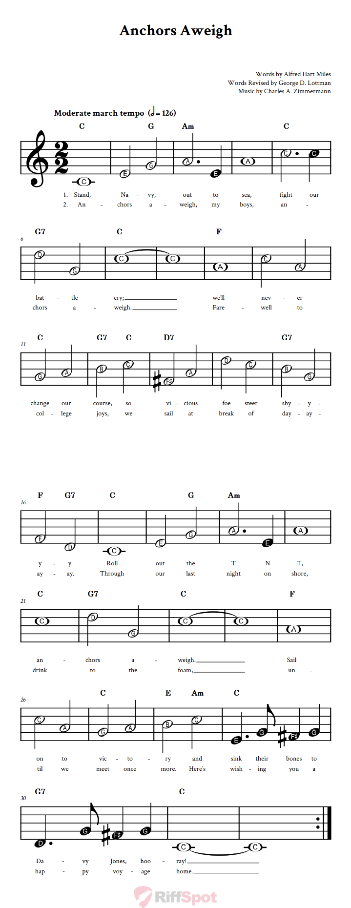 Anchors Aweigh Beginner Treble Clef Sheet Music With Letters for Note Names