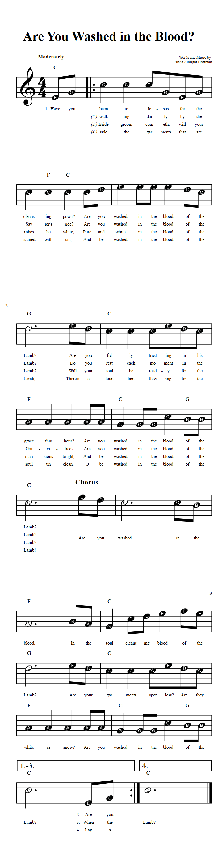 Are You Washed in the Blood?  Beginner Sheet Music