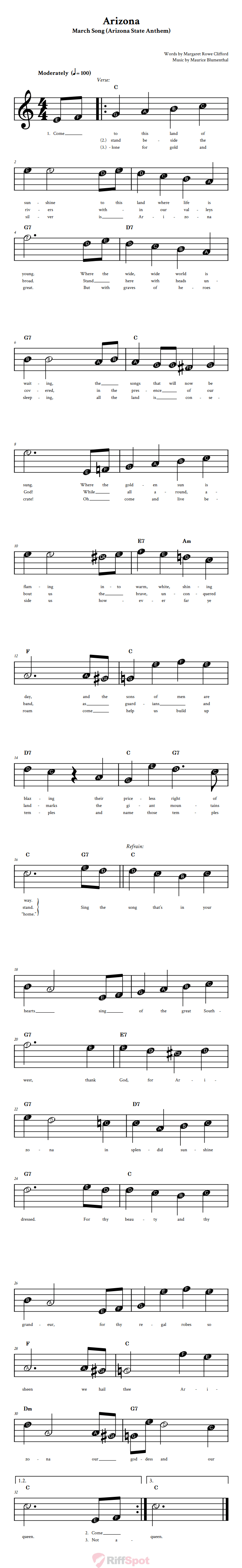 Arizona Beginner Treble Clef Sheet Music With Letters for Note Names
