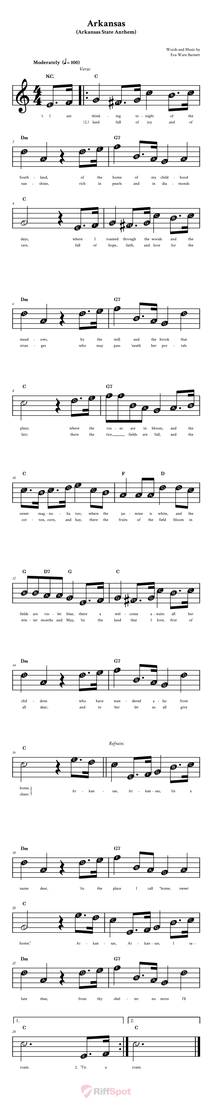 Arkansas Beginner Treble Clef Sheet Music With Letters for Note Names