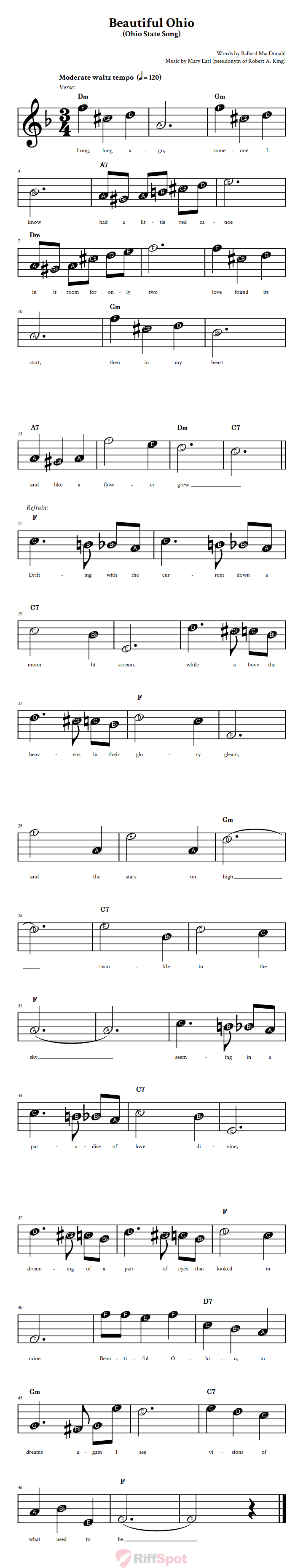 Beautiful Ohio Beginner Treble Clef Sheet Music With Letters for Note Names