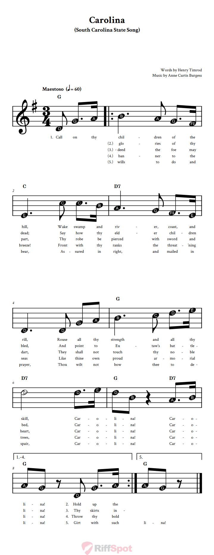 Carolina Beginner Treble Clef Sheet Music With Letters for Note Names