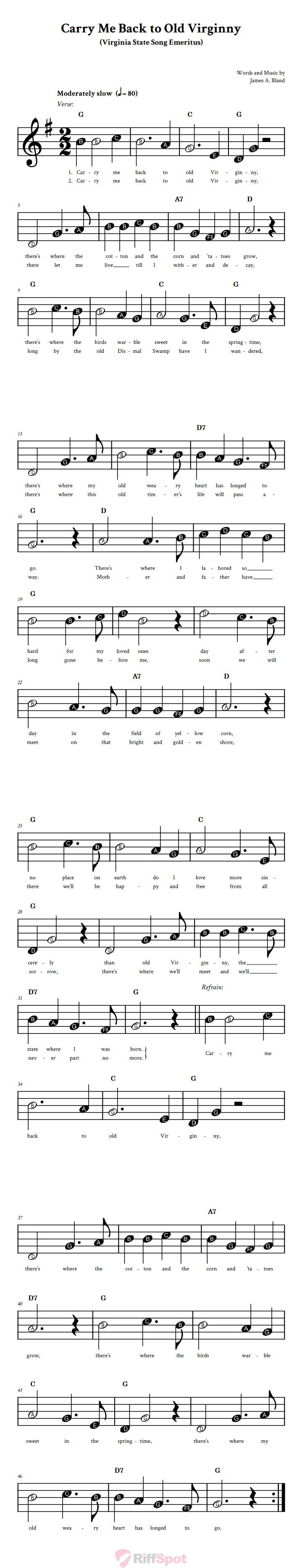 Carry Me Back to Old Virginny Beginner Treble Clef Sheet Music With Letters for Note Names