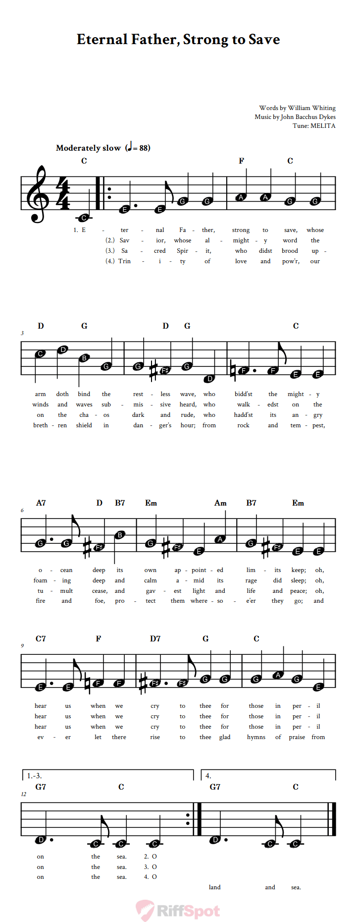 Eternal Father, Strong to Save Beginner Treble Clef Sheet Music With Letters for Note Names