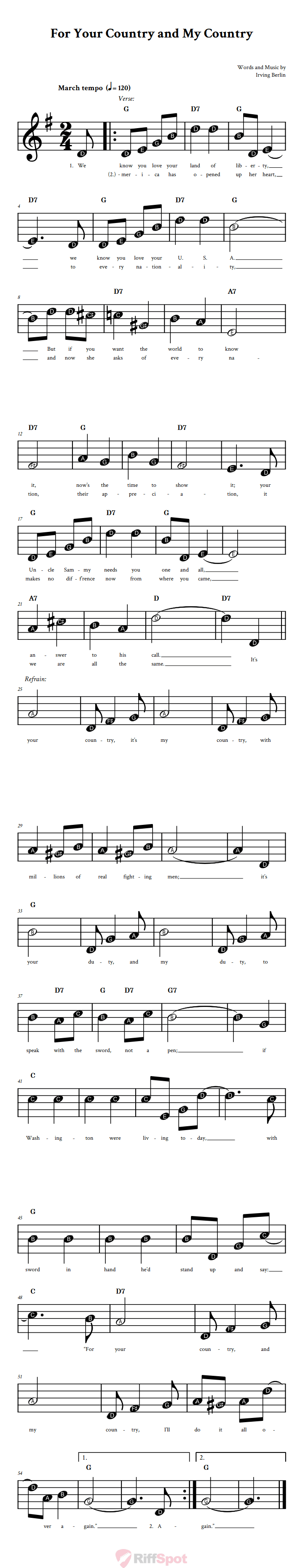 For Your Country and My Country Beginner Treble Clef Sheet Music With Letters for Note Names