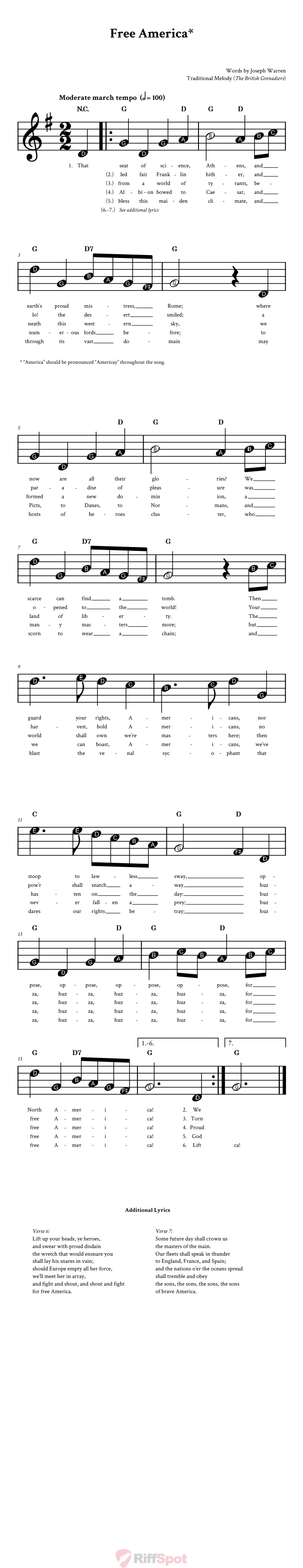 Free America Beginner Treble Clef Sheet Music With Letters for Note Names