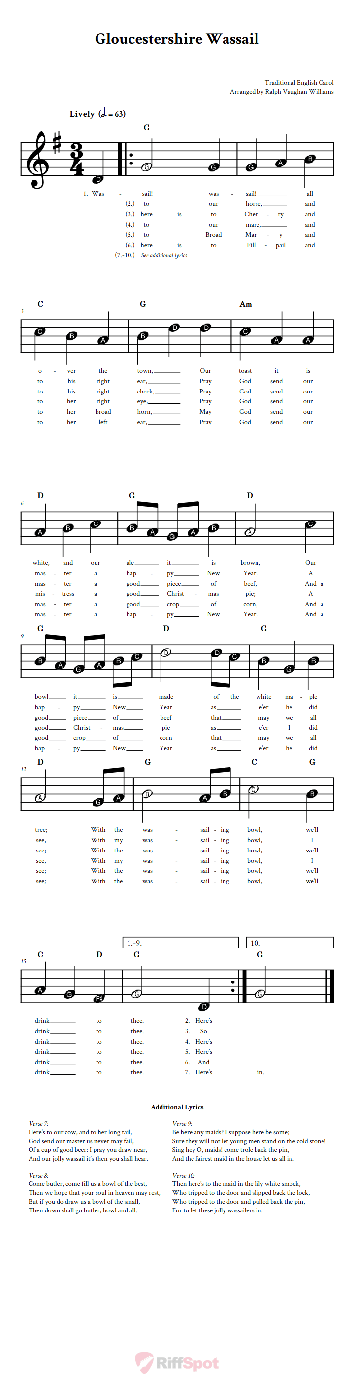 Gloucestershire Wassail Beginner Sheet Music With Letters for Note Names