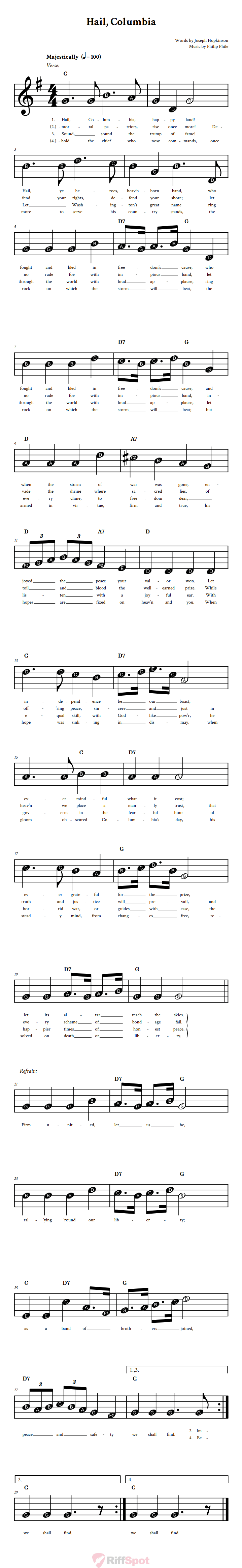 Hail, Columbia Beginner Treble Clef Sheet Music With Letters for Note Names