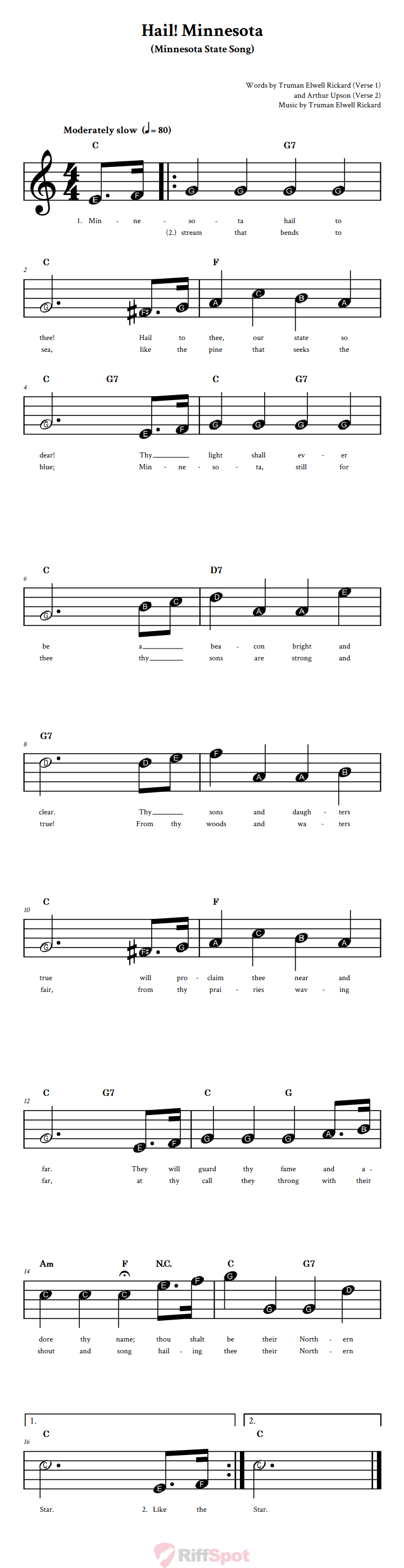 Hail! Minnesota Beginner Treble Clef Sheet Music With Letters for Note Names