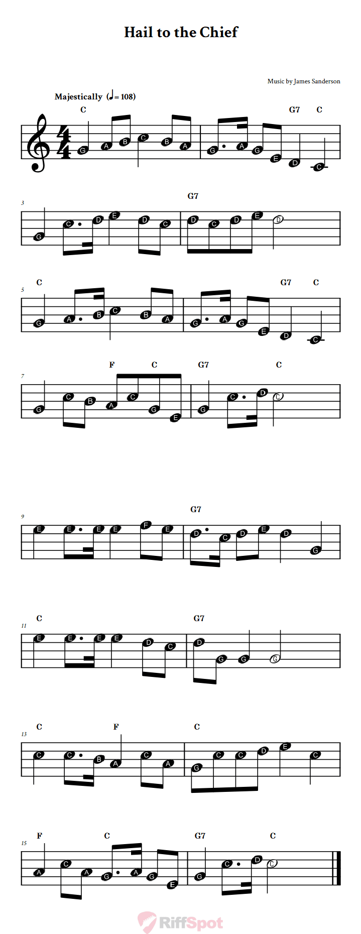 Hail to the Chief Beginner Treble Clef Sheet Music With Letters for Note Names