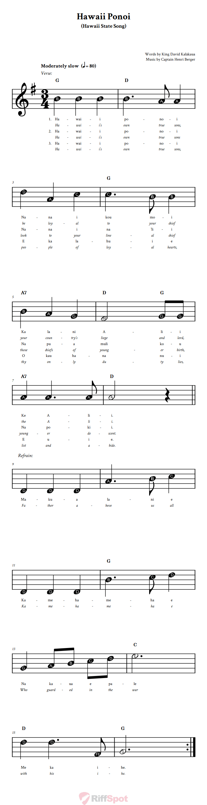 Hawaii Ponoi Beginner Treble Clef Sheet Music With Letters for Note Names