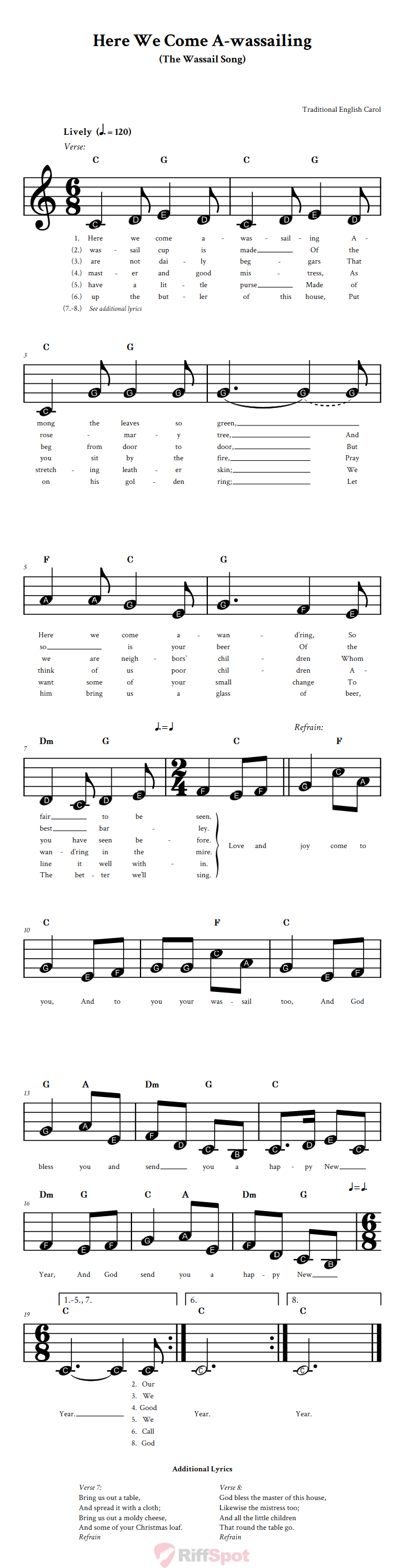Here We Come A-wassailing Beginner Sheet Music With Letters for Note Names