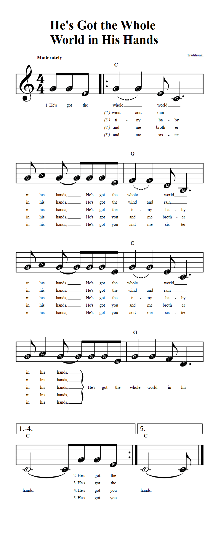 He's Got the Whole World in His Hands  Beginner Sheet Music