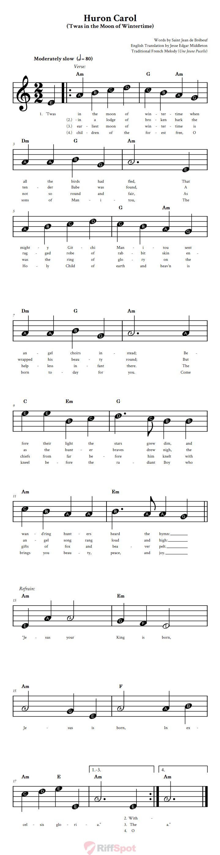 Huron Carol Beginner Sheet Music With Letters for Note Names