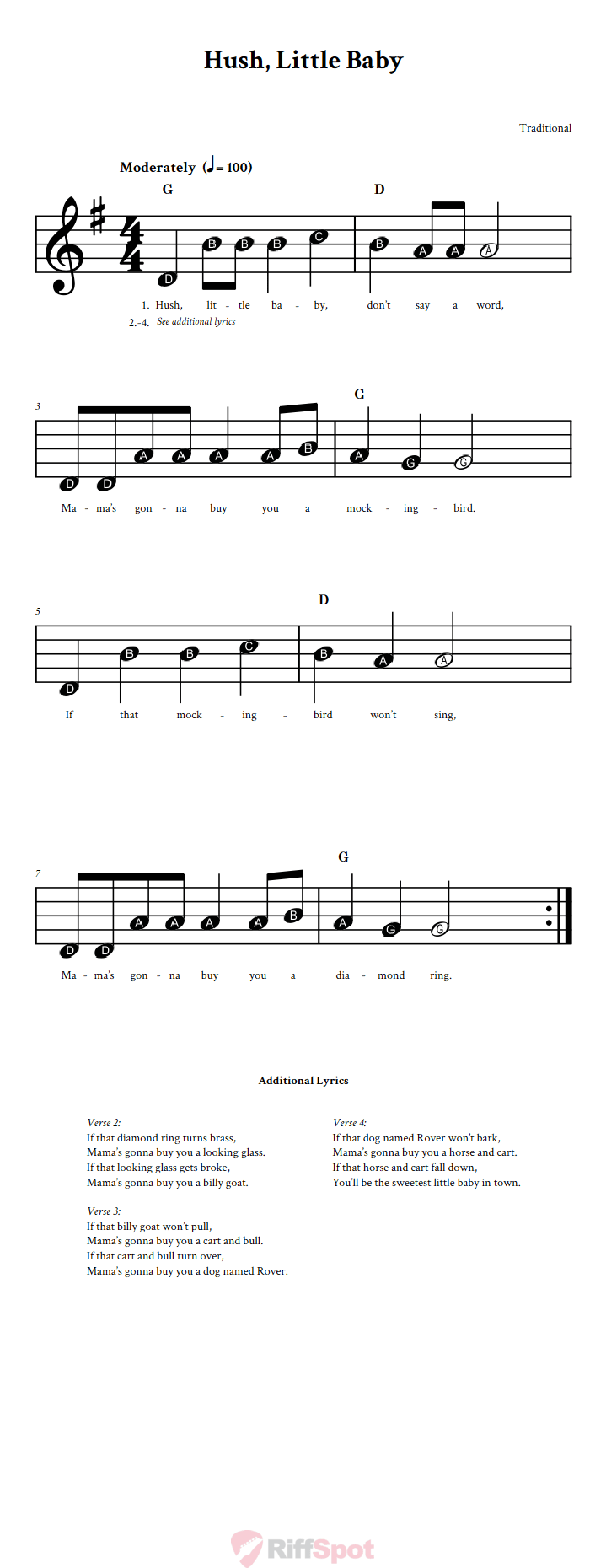 Hush, Little Baby Beginner Sheet Music With Letters for Note Names