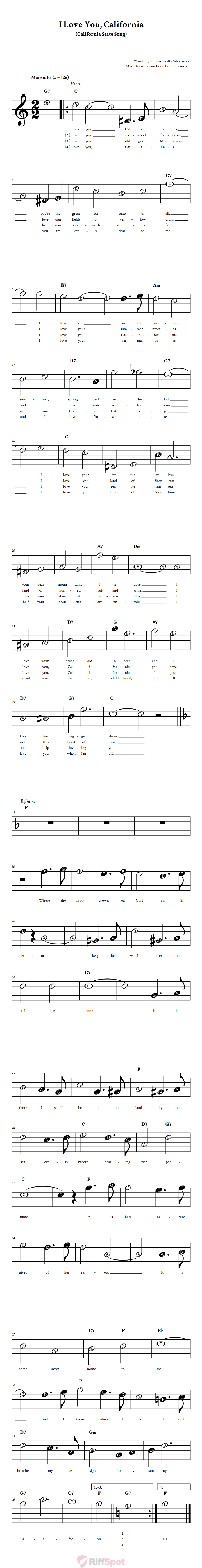 I Love You, California Beginner Treble Clef Sheet Music With Letters for Note Names