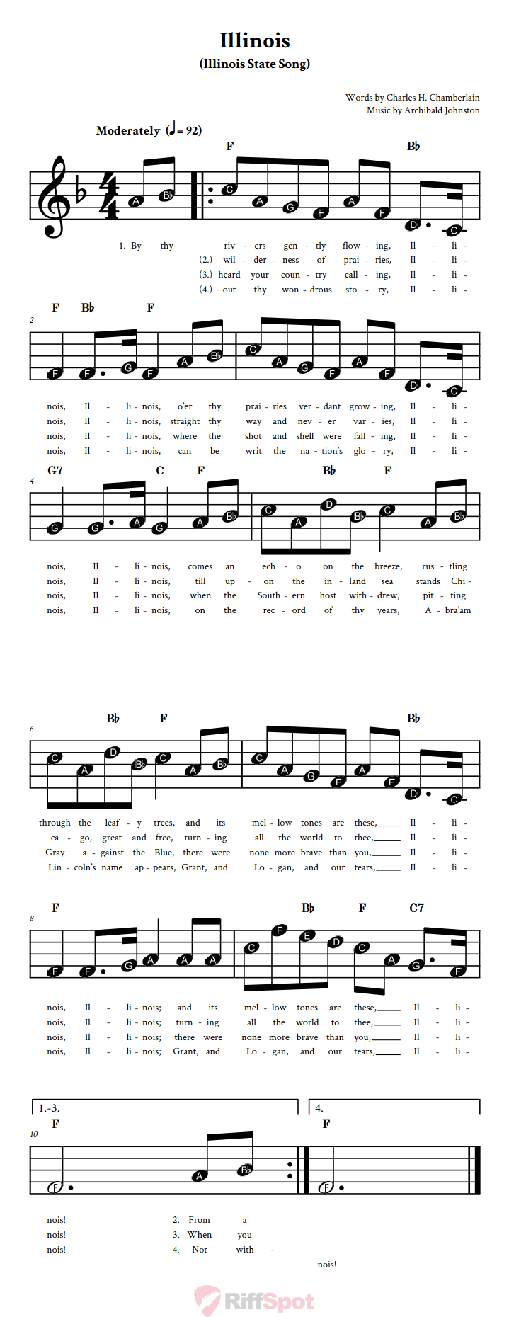 Illinois Beginner Treble Clef Sheet Music With Letters for Note Names