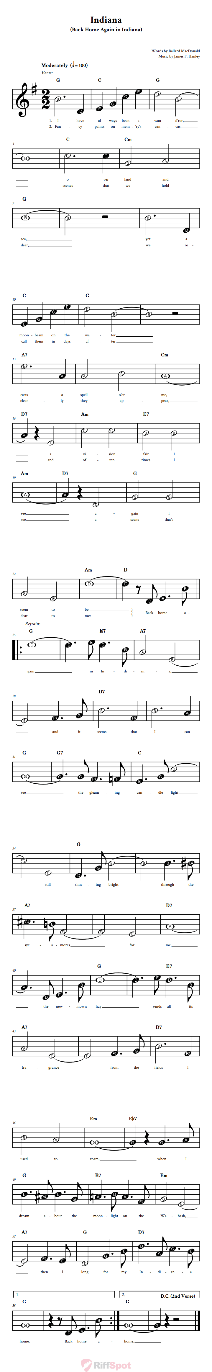 Indiana Beginner Treble Clef Sheet Music With Letters for Note Names