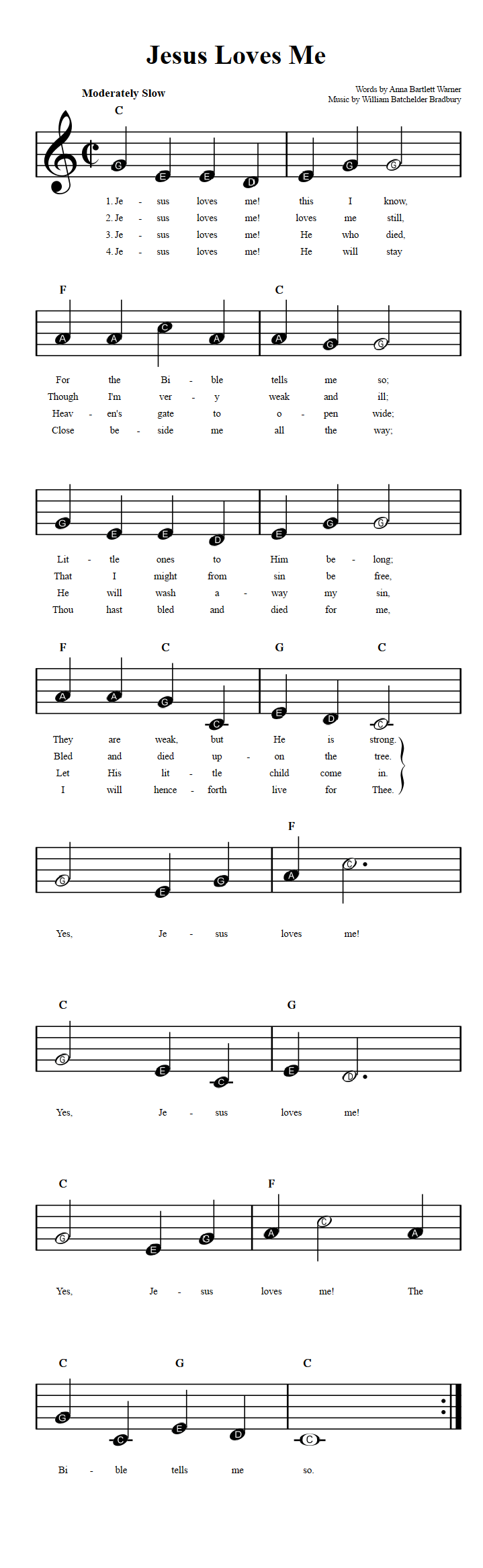 Jesus Loves Me Beginner Sheet Music With Chords And Lyrics