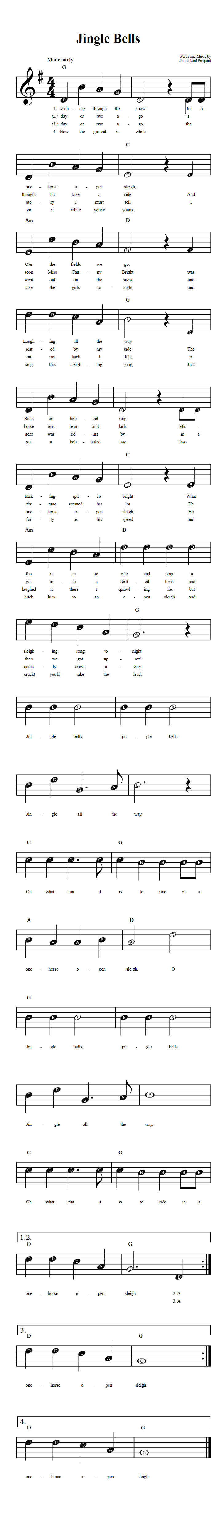 Jingle Bells Piano Sheet Music, Easy with Lyrics [PDF]