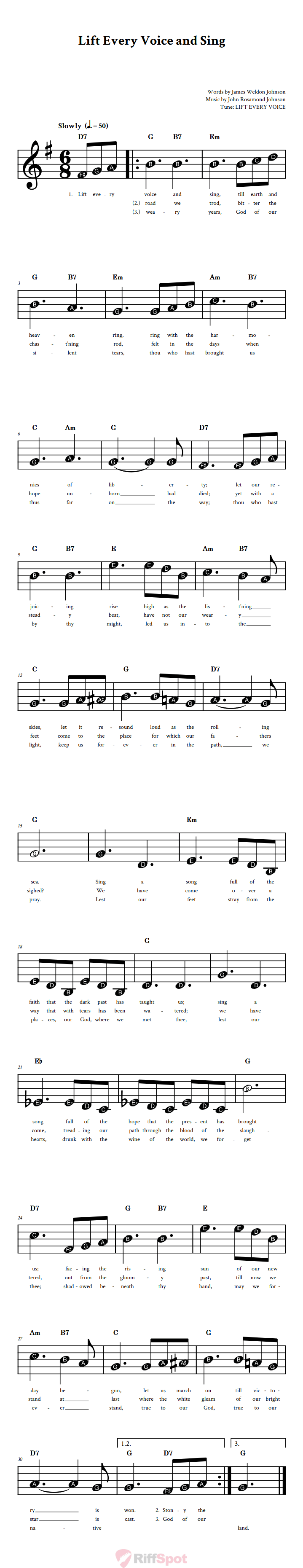 Lift Every Voice and Sing Beginner Treble Clef Sheet Music With Letters for Note Names