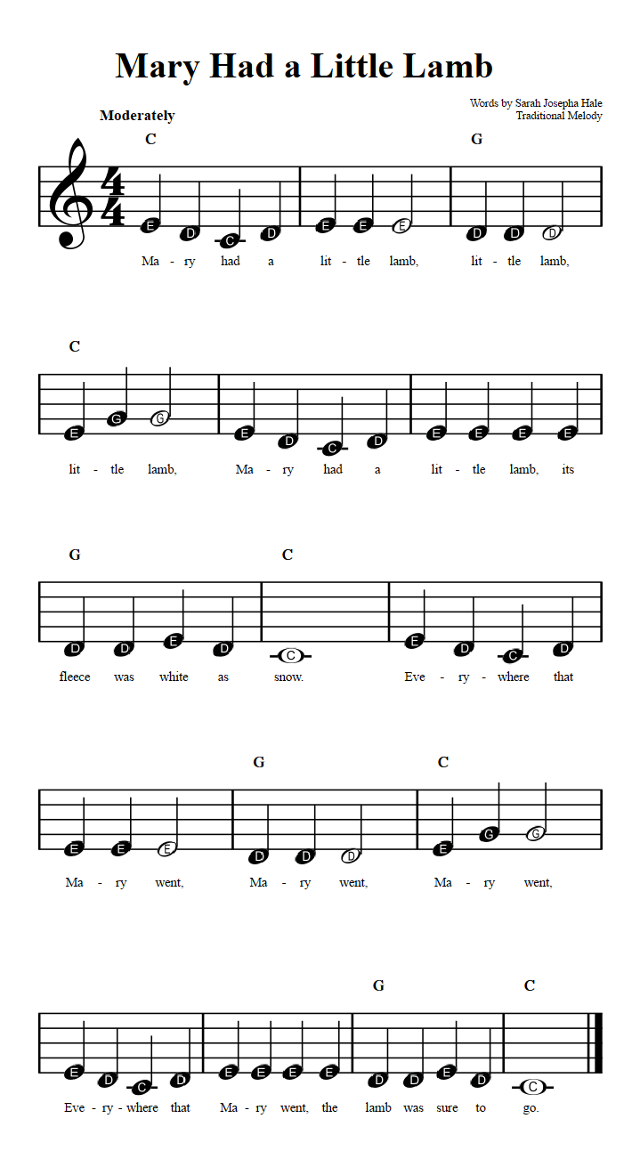 Mary Had a Little Lamb: Beginner Sheet Music with Chords and Lyrics