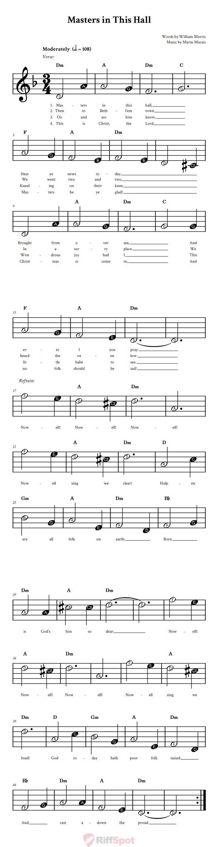 Masters in This Hall Beginner Sheet Music With Letters for Note Names