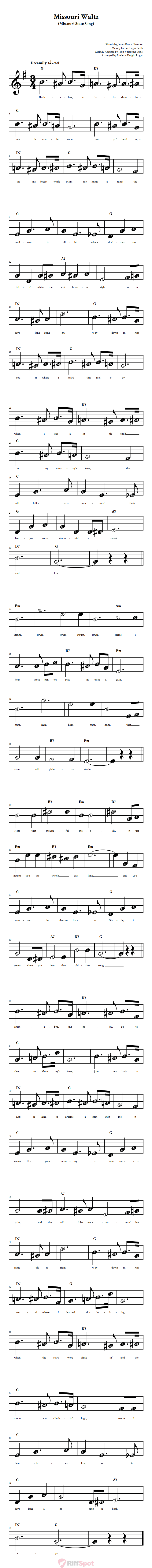 Missouri Waltz Beginner Treble Clef Sheet Music With Letters for Note Names