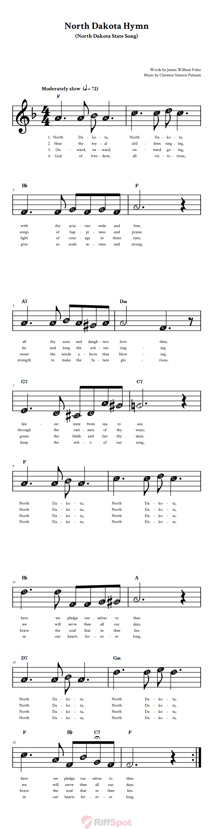 North Dakota Hymn Beginner Treble Clef Sheet Music With Letters for Note Names