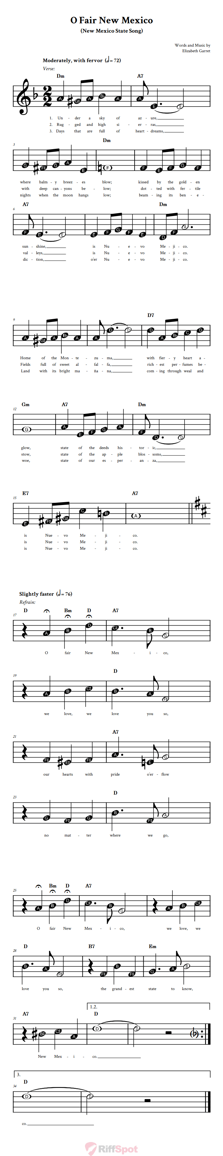 O Fair New Mexico Beginner Treble Clef Sheet Music With Letters for Note Names