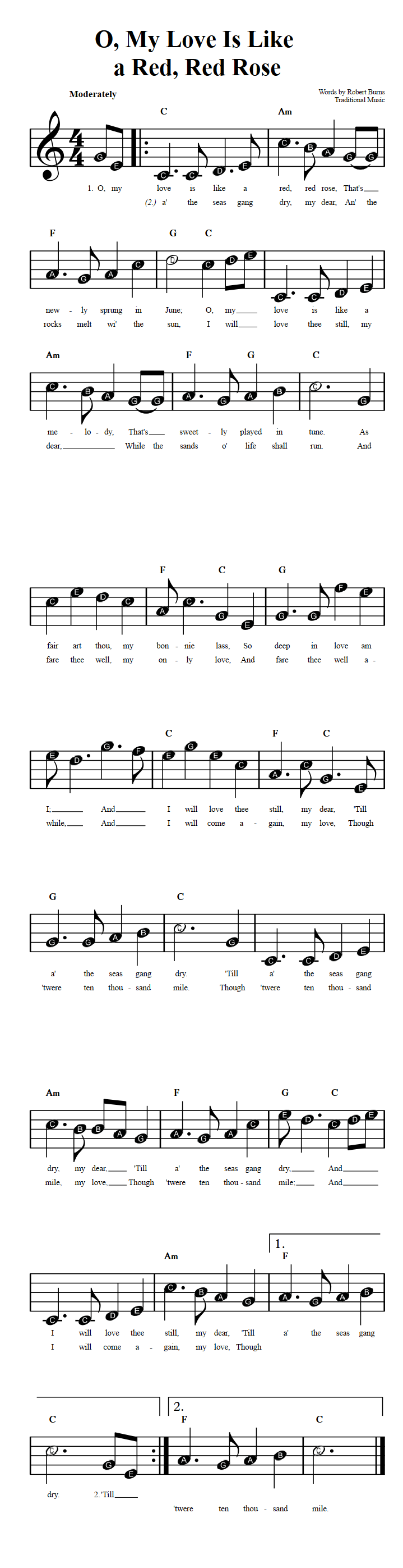 O, My Love Is Like a Red, Red Rose  Beginner Sheet Music