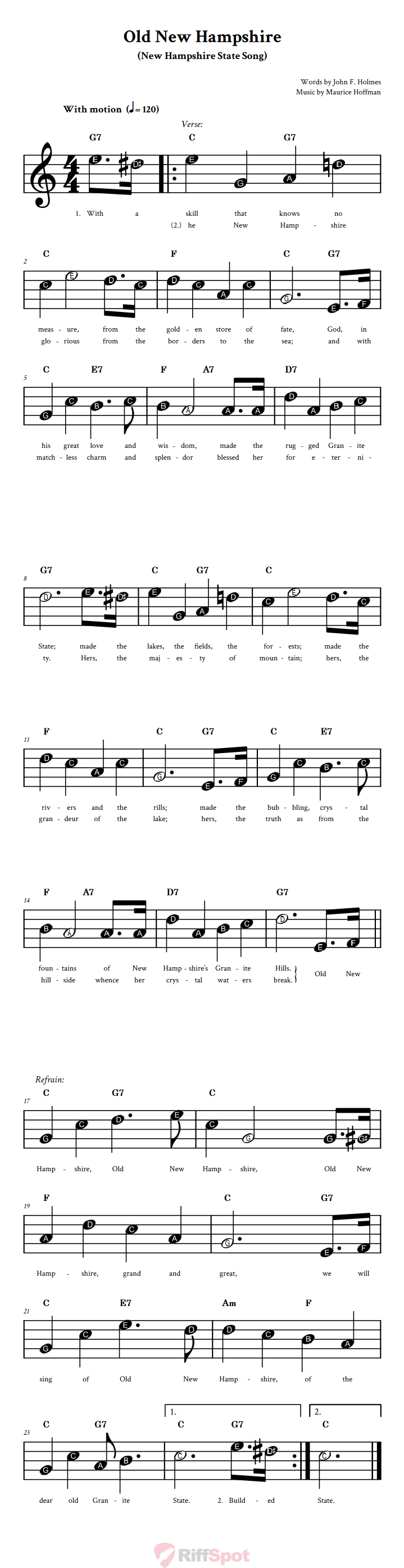 Old New Hampshire Beginner Treble Clef Sheet Music With Letters for Note Names