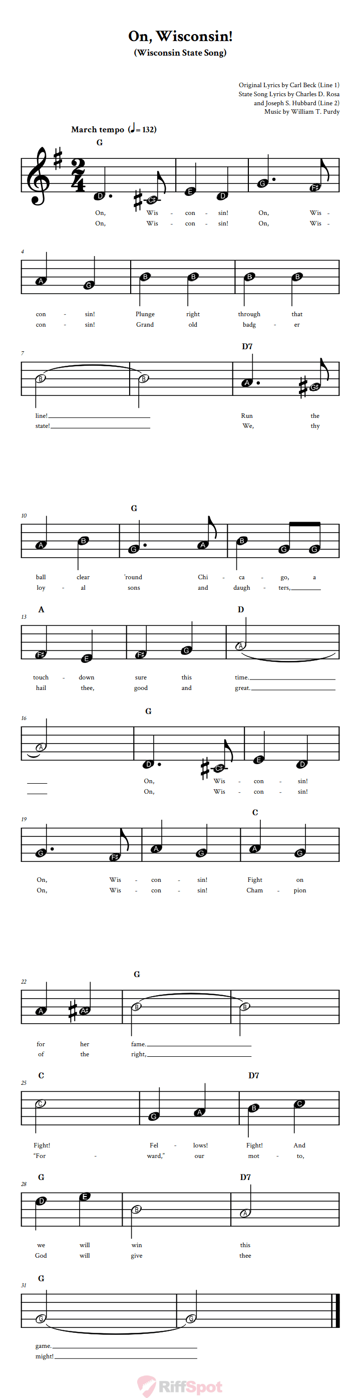 On, Wisconsin! Beginner Treble Clef Sheet Music With Letters for Note Names