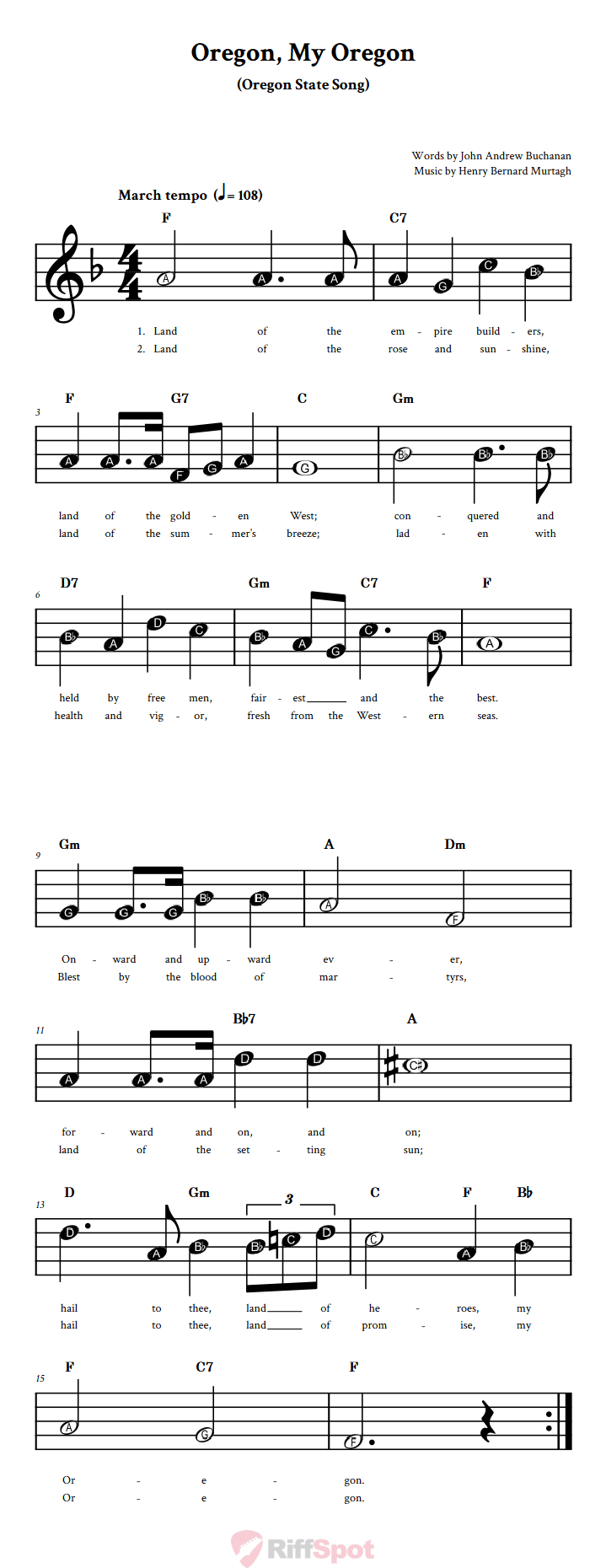 Oregon, My Oregon Beginner Treble Clef Sheet Music With Letters for Note Names