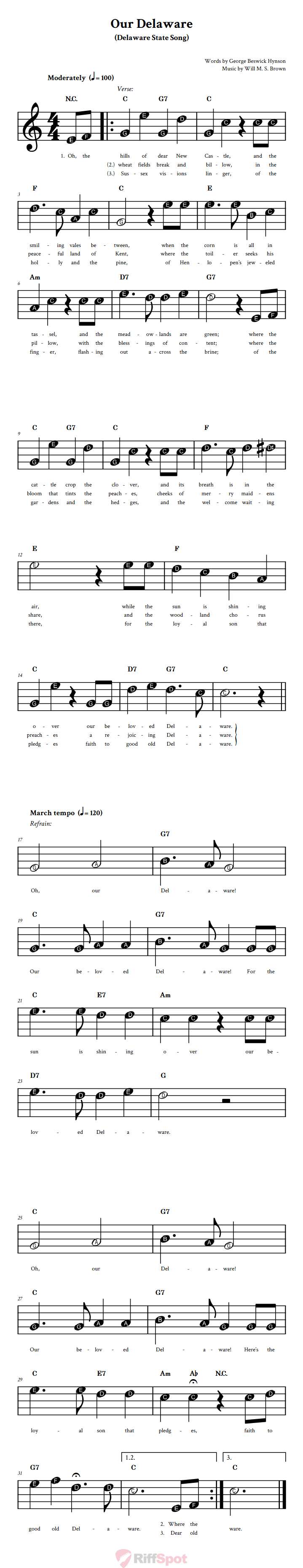 Our Delaware Beginner Treble Clef Sheet Music With Letters for Note Names
