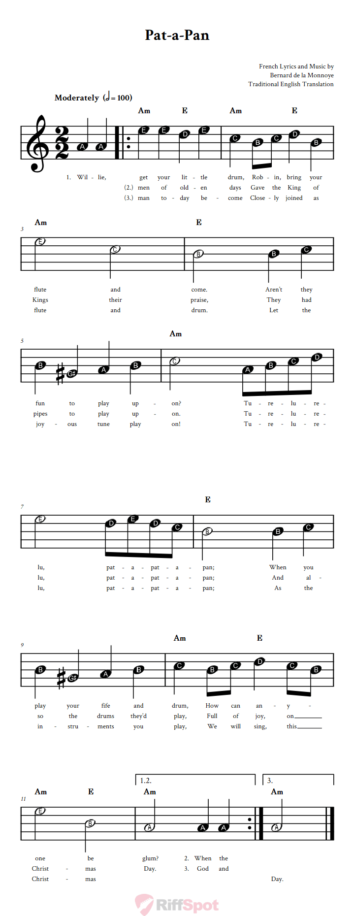Pat-A-Pan Beginner Sheet Music With Letters for Note Names
