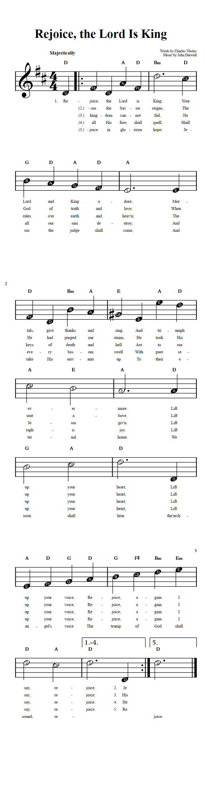 Rejoice, the Lord Is King  Beginner Sheet Music