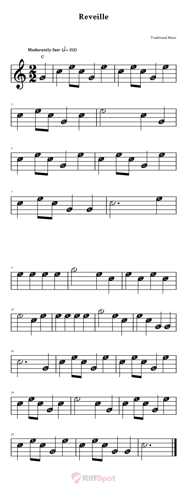 Reveille Beginner Treble Clef Sheet Music With Letters for Note Names